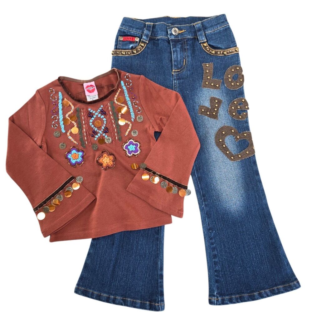 Lipstik Girls Boho Denim Outfit Size 5 Jacket Skirt Top Boho Boutique Sample Y2K